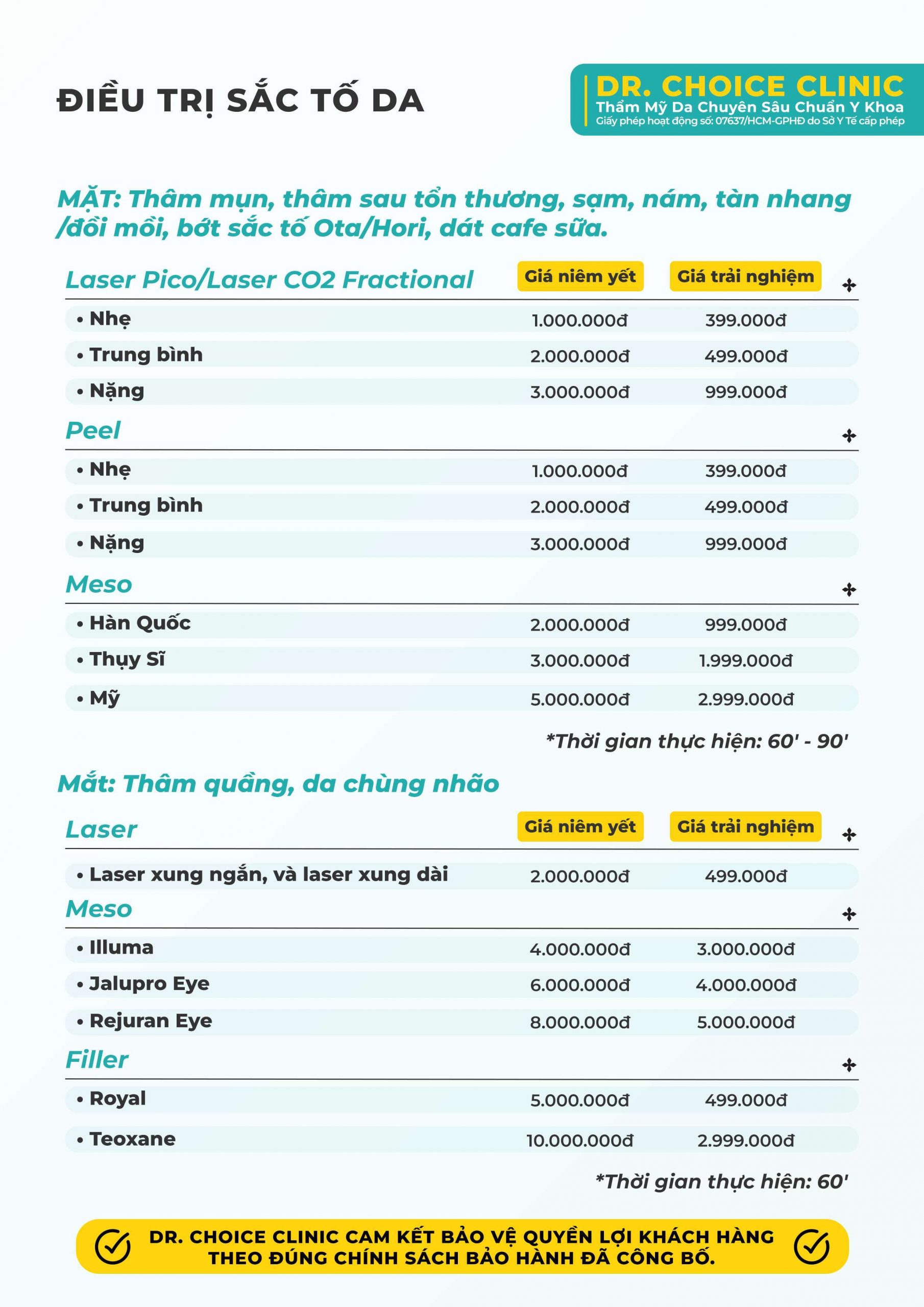 Dịch Vụ Chăm Sóc, Điều Trị, Thẩm Mỹ Da Chuẩn Y Khoa TP. HCM 72 Bảng giá