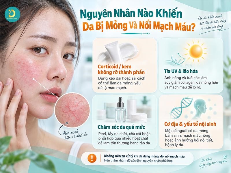 Da Bị Mỏng Nổi Mạch Máu: Nguyên Nhân & Cách Phục Hồi Hiệu Quả 10 Nguyên nhân khiến da mỏng nổi mạch máu